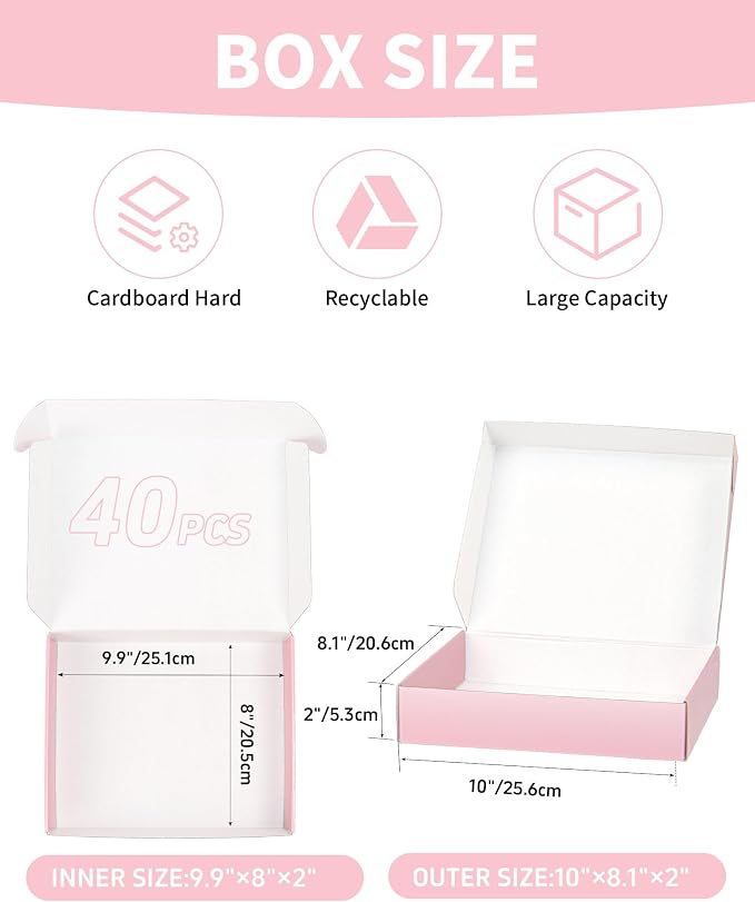 Shipping Boxes 40 Pack 10x8x2 Inch, Pink Mailer Packaging Box, Corrugated Cardboard Boxes for Gift Small Business Literature