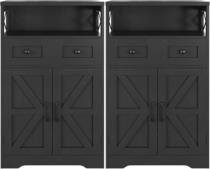 Farmhouse Storage Cabinet Set of 2, Small Kitchen Pantry Coffee Bar Cabinet | Accent Buffet Cabinet Cupboard, 2 Storage Drawers, Barn Doors & Adjustable Shelves, for Kitchen/Entryway/Bathroom, Black