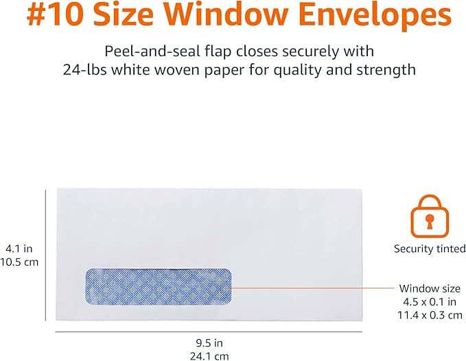 Amazon Basics #10 Security-Tinted Self-Seal Business Envelopes with Left Window for Invoices and Documents, White, 500-Pack