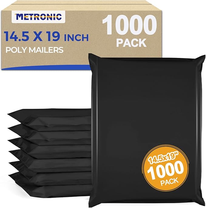 Metronic Poly Mailers 14x19 1000 Pack, Heavy Duty Shipping Bags Bulk Self Seal Waterproof Tear Resistant Large Mailing Envelopes, Packaging bags for Small Business, Boutique, Clothing, Black