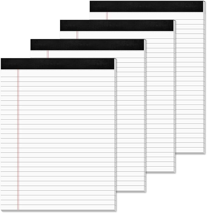 4 Pack Note Pads 8.5 x 11, Wide Ruled, Lined Writing Note Pads for Office | White Legal Pads 8.5x11, 30 Sheets per White Notepad 28 Lines Lined Paper Pads for School Perforated Legal Notepads for Work