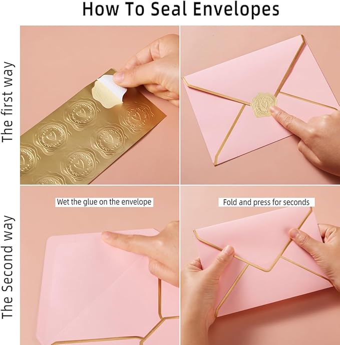 50 Pieces A7 Envelopes with Gold Border, 5.24 x 7.21 Inches Envelopes with Gold Stickers for Greeting Cards and Invitation (Pink, A7-5x7)