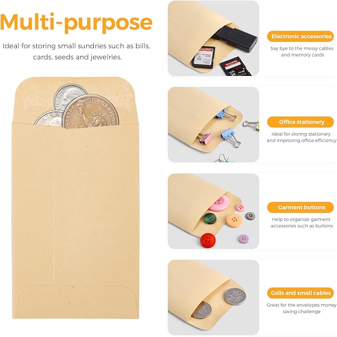 ACSTEP 100 Pack #1 Paper Kraft Seeds Envelopes 2-1/4 X3-1/2, Small Coin Envelope 2x3 For Key, Tip, Seeds Packets, Self Adhesive Water Glummed Mini Tiny Envelopes