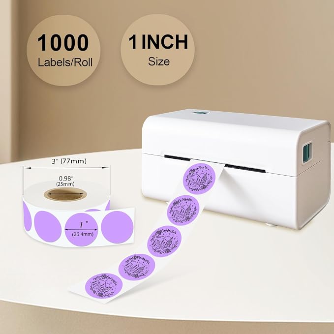1 Inch Round Thermal Sticker Labels,Color Dot Stickers,Label Stickers,Waterproof,Oil Proof,for Thermal Printers,DIY,Office,Retail,Home and Warehouse Organization(Light Purple,1000 Pcs)
