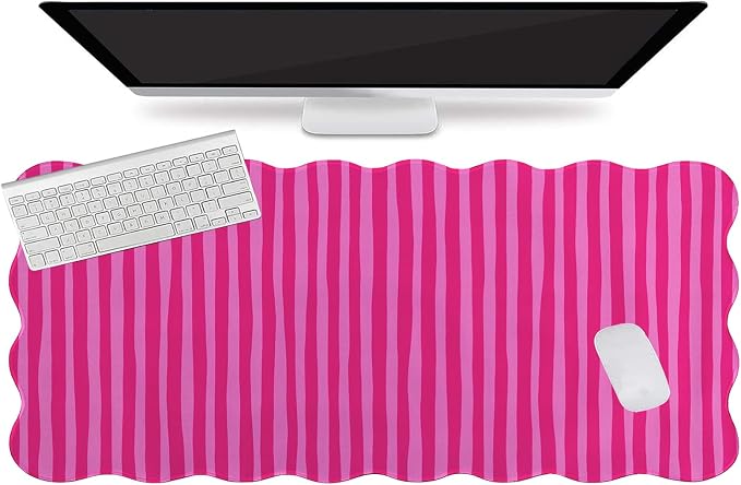 L-SPOUTTO Hot Pink Striped Mouse Pad,Scalloped Desk Mat XXL Large Geometric Gaming Mousepad,35.4x15.7in Non-Slip Rubber Base Keyboard Pad Waterproof Desktop Mat for Laptop Computer Game Home Office