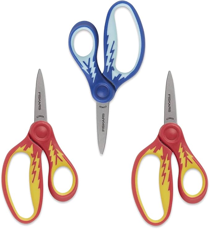 Fiskars 5" SoftGrip Pointed-Tip Scissors for Kids Ages 4-7 (3-Pack), Scissors for School or Crafting, Back to School Supplies, Blue and Red Lightning