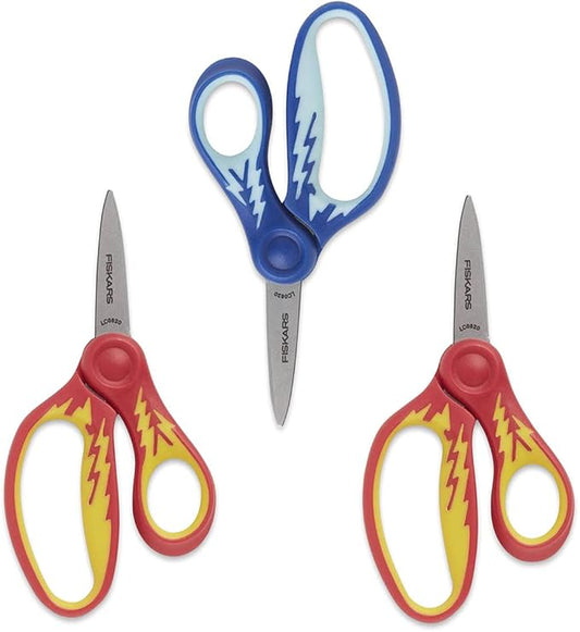 Fiskars 5" SoftGrip Pointed-Tip Scissors for Kids Ages 4-7 (3-Pack), Scissors for School or Crafting, Back to School Supplies, Blue and Red Lightning