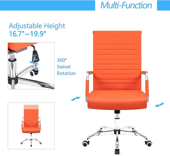 Furmax Ergonomic Office Desk Chair, Executive Ribbed Mid-Back PU Leather Conference Room Chair Adjustable Swivel Chair with Arms (1, Orange)