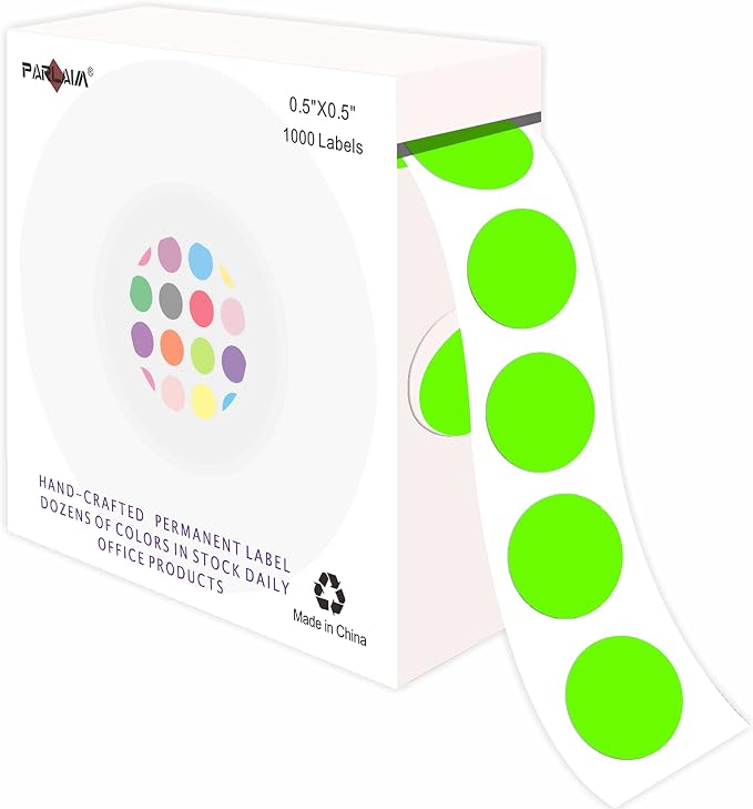 PARLAIM 0.5 Inch Round Permanent Adhesive Color-Code Dot Stickers,1000 Stickers Roll dots Label Dispenser Box Green Circle Stickers Labels (Fluorescent Green)