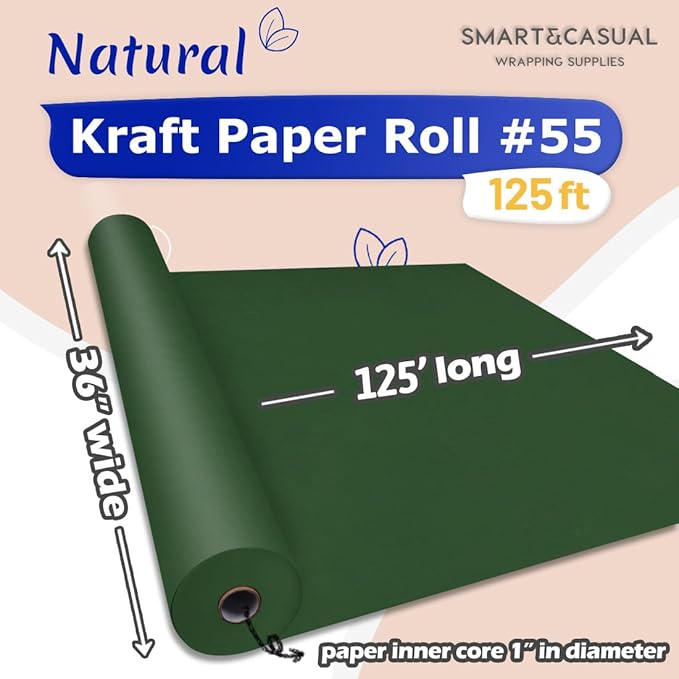 SMART&CASUAL 36" x 1,500" (125') Dark Green Kraft Craft Paper Roll for Gift Wrapping Bulletin Board Bouquet Flower Kids Art Packing Parcel Table Covering 80GSM 55LB (Dark Green, 36" x 125')