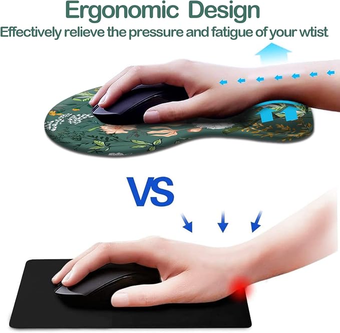 DOOKE Ergonomic Mouse Pad with Wrist Support, Cute Mouse Pads with Non-Slip PU Base for Home Office Working Studying Easy Typing & Pain Relief Dark Green Floral