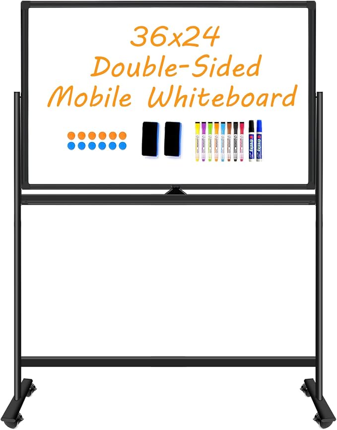 Magnetic Dry Erase Board with Stand, Double-Sided 36"x24" White Board with Stand, Mobile Whiteboard Rolling Whiteboard on Wheels for Kids & Adults, 2 Eraser, 10 Markers, 12 Magnets