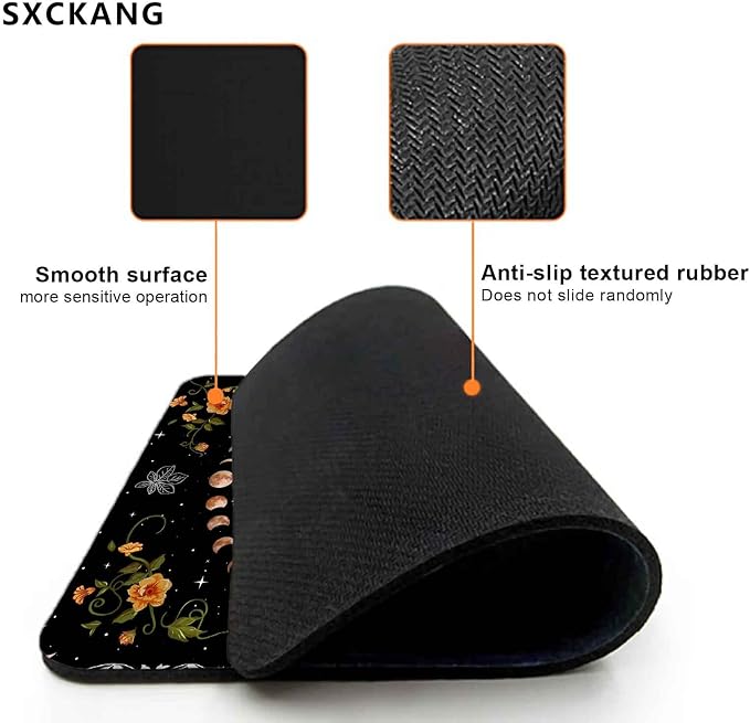 Moth Mouse Pad, Mushroom Moon Phase Mousepad, Boho Flowers and Leaves Computer Small Cute Mouse Pad, Washable Cloth Non-Slip Rubber Base Mouse Mat for Office, Orange and Black