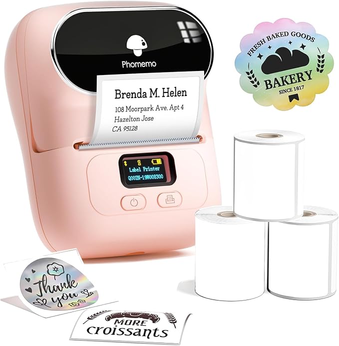 Phomemo M110 Label Maker- with 3 Packs Labels Mini Barcode Label Printer | Bluetooth Portable Label Maker No Ink, for Retail, Address, Barcode, Home, for PC/Mac, iOS/Android, Baby Pink