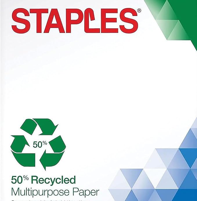 Staples 50 Percent Recycled Multipurpose Paper, 8 1/2" x 11", Ream, For Office, School & Home