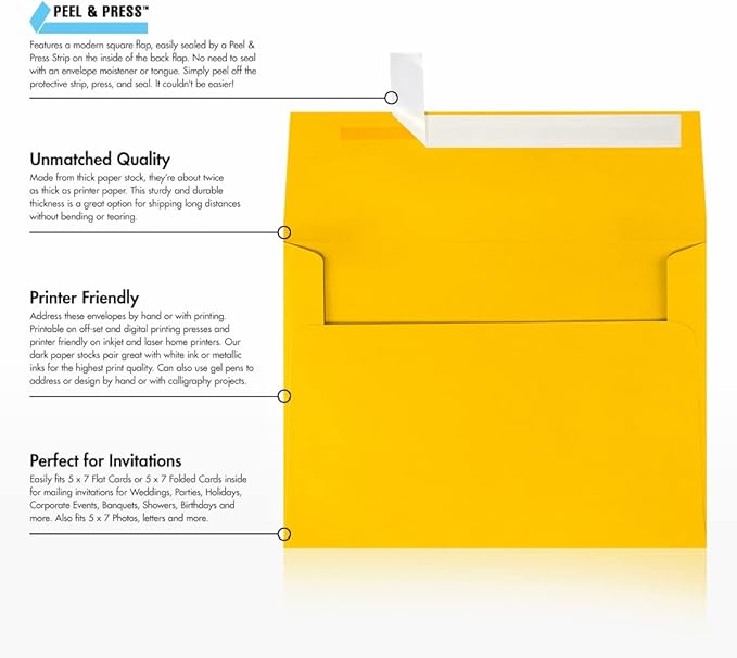 LUXPaper A7 Invitation Envelopes | Peel & Press | 5 1/4" x 7 1/4" | Sunflower Yellow | 80lb. Text | 1,000 Qty