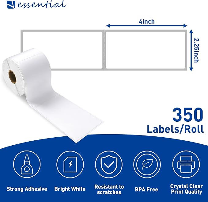 ESSENTIAL 2.25" x 4" Direct Thermal Printer Labels for Barcodes, Address | Permanent Adhesive, Compatible with Zebra, Rollo and Other Desktop Printers, 350 Labels of Roll, 12 Rolls (4200 Labels)