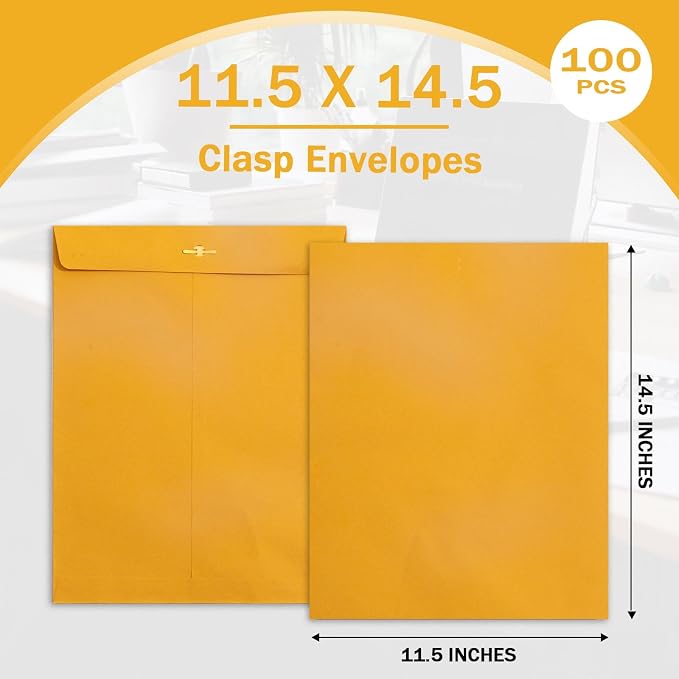 Goefun 11.5 x 14.5 inch Clasp Envelopes, Manila, 100 Pack | Clasp and Gummed Closures, Large Size for Storing or Mailing, 100 GSM Kraft Paper