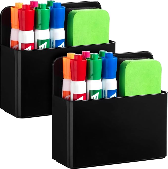 2 Pcs Magnetic Dry Erase Marker Holder for Whiteboard, Plastic Magnetic Pen Holder for Refrigerator Fridge, Magnet Pencil Cup for School Classroom, Locker Accessories, Pen Cup Organizer-Black
