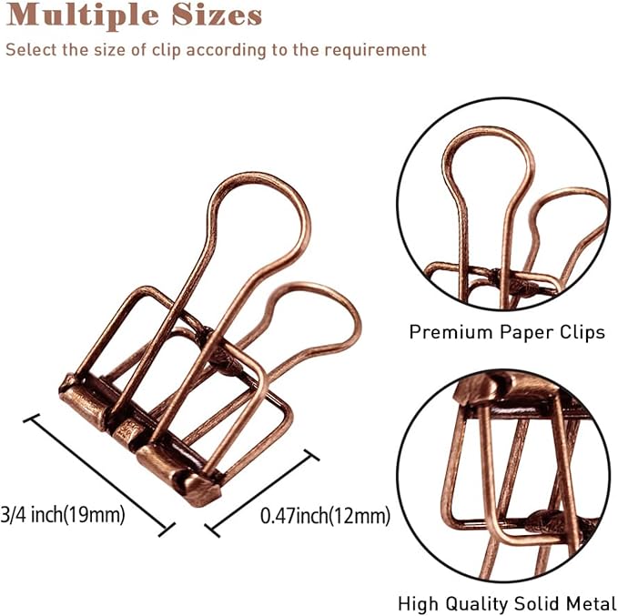 Small Binder Clips, 36 Pack, 3/4 Inch, Standard 19mm, Hollow Out Red Bronze, Capacity 0.31 Inch, Mini Paper Fold Clamp, Office & School Supplies
