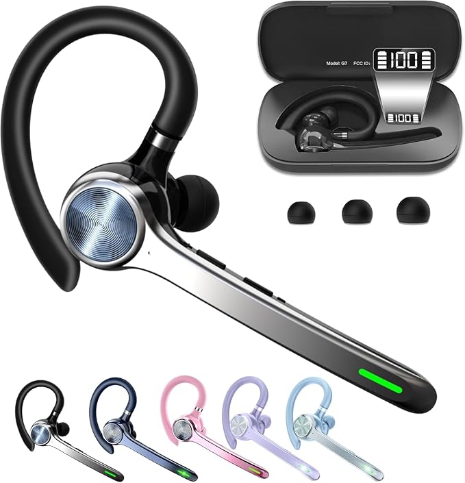HEIBAS Bluetooth Headset, Wireless Earpiece with Mic for Work | 72H Playtime, 500mAh Charging Case, Hands-Free Calling with Mute Button for Work, Trucker, Office, Driving, iPhone, Black