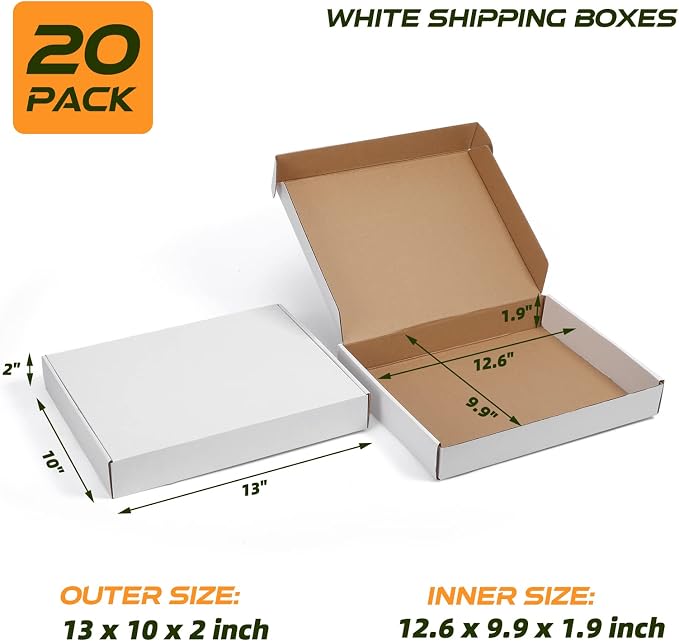 Lyeasw 13x10x2 White Shipping Boxes, 20 Pack Corrugated Cardboard Box for Mailing Packing Mailer