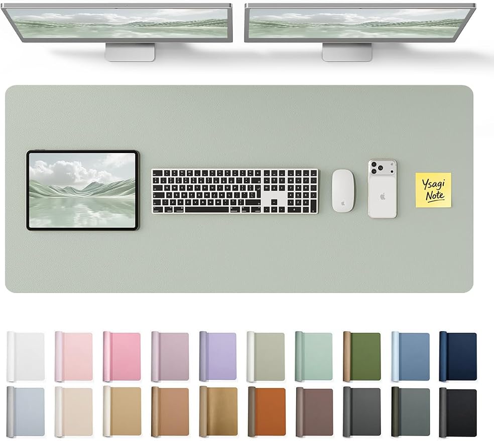 YSAGi Leather Desk Pad Protector, Office Desk Mat, Large Mouse Pad, Non-Slip PU Leather Desk Blotter, Laptop Desk Pad, Waterproof Desk Writing Pad for Office and Home (Grayish Green, 47" x 17")