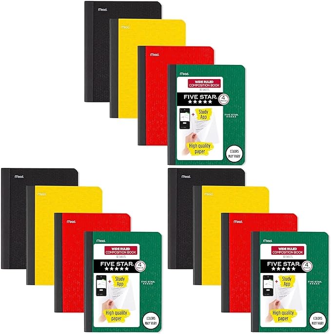 Five Star Composition Book + Study App, 12 Pack, Wide Ruled Paper, 7-1/2" x 9-3/4", 80 Sheets, Forest Green, Tidewater Blue, Fire Red and Harvest Yellow (950033B-ECM)
