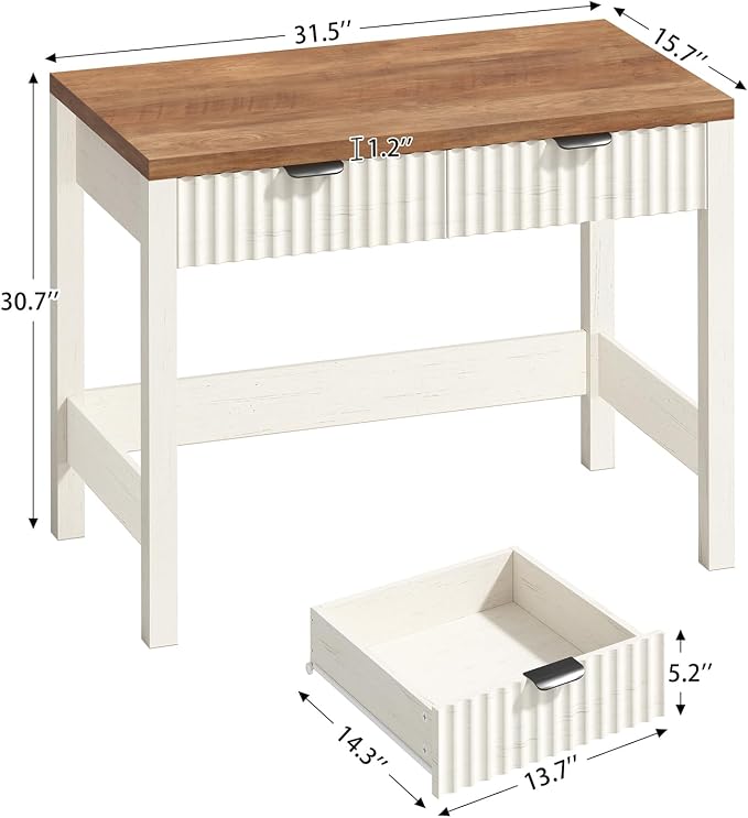 32 Inch Small Fluted Computer Desk with 2 Drawers for Bedroom, Home Office | Small Computer Desk with Storage, Compact Writing Study Desk for Small Spaces, Brown & White