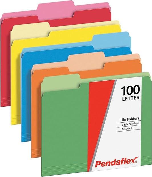 Pendaflex File Folders, 100 Pack, Letter Size (8.5" x 11"), 3 Tabs, Durable Paper, 5 Colors: Blue, Green, Red, Yellow, Orange, Coding for School, Office & Home Document Organization