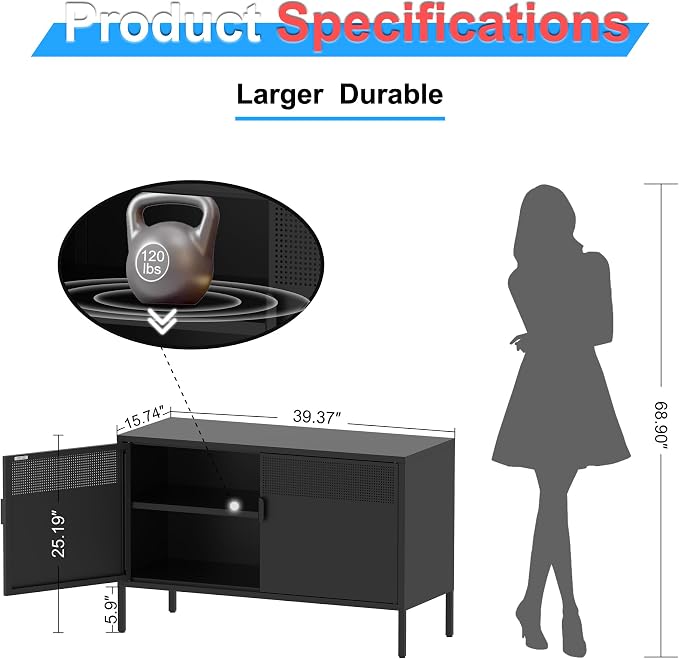 Washsemba 2 Door Storage Sideboard, Metal Storage Cabinet with 2 Adjustable Shelf,Multipurpose Metal Accent Cabinet for Office Home,Music Studio (Black, 25''H)
