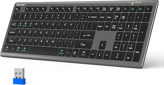 TECKNET Bluetooth Keyboard Rechargeable, 4-Device Free Switching (2.4G+BT), Ultra-Slim Full Size Wireless Keyboard, Quiet Typing, for PC/Laptop/Smart TV/Phone, Adjustable Stand, 12 Multimedia Keys