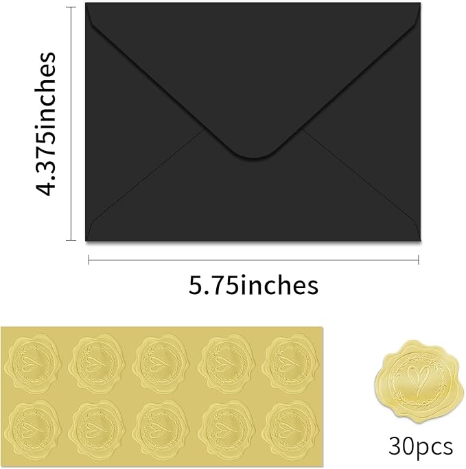 A2 Black Envelopes Thick invitation Envelopes 4.375"x5.75" 30 Pack | V-Flap,150GSM ,Protecting Privacy,for 4x5 Photos,Cards,Wedding Graduation Birthday,Announcements,Baby Shower,with Stickers