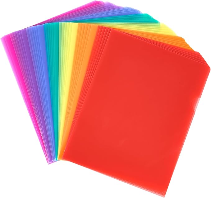 Sooez 50 Pack Clear Document Folder Project Pockets, Clear Plastic Folders Letter Size Plastic Document Folders Paper Poly Jacket Sleeves Folders Copy, 5 Assorted Colors