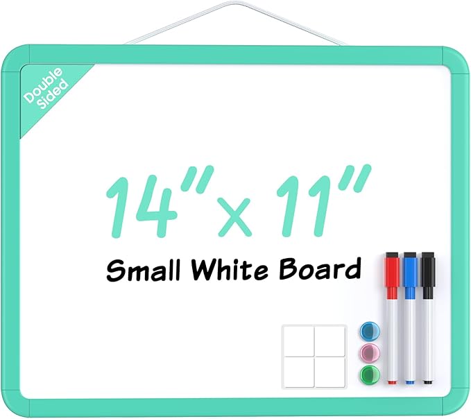 MaxGear Small Dry Erase Board for Wall, 14"x 11" Hanging Double-Sided Whiteboard with 3 Dry Erase Markers, 3 Magnets, Portable Mini White Board for Planning, Drawing, Memo, to Do List, Green Frame
