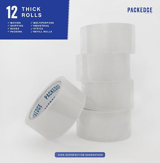 Packedge Clear Packing Tape, 12 Rolls, 1.88 in x 60 Yd Heavy Duty Shipping | 2.7 Mil Thick, 720 Total Yards. Ideal for Moving, Box Sealing & Storage. Strong Adhesion, No Residue, Tear-Resistant Design