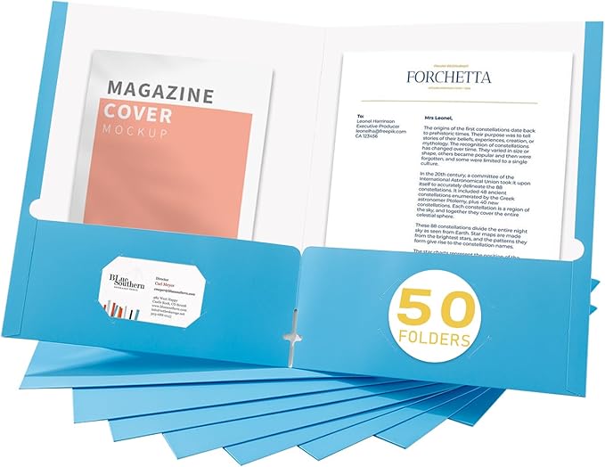 Zzrywuty File Folders with Pockets Letter Size,50-Pack Paper Folders with Card Slot,Light Blue Two Pocket Folders for School Students,Businessmen,Home and Office Workers