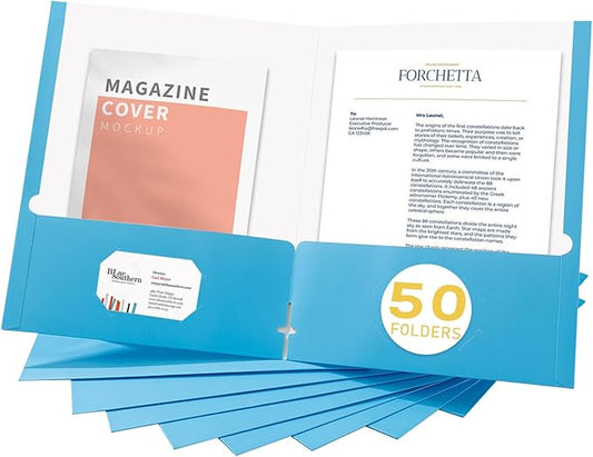 Zzrywuty File Folders with Pockets Letter Size,50-Pack Paper Folders with Card Slot,Light Blue Two Pocket Folders for School Students,Businessmen,Home and Office Workers