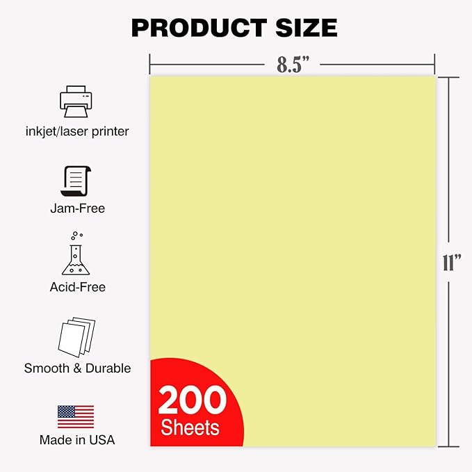 Yellow Paper, Multi-Purpose Colored Paper, Colored Printer Paper 8.5” x 11”, 20 lb/75 GSM,200 Sheets, Jam-Free For Inkjet/laser printer, Copy, Office Home, Made in USA