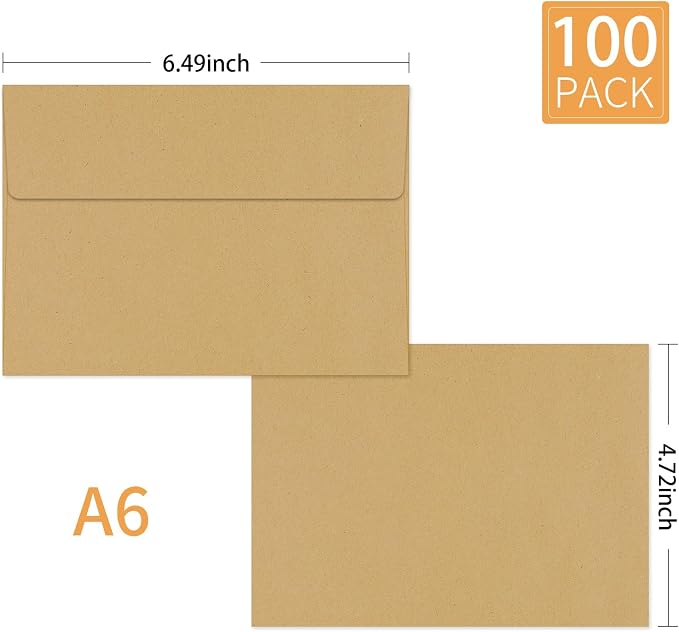 100 Packs Kraft 4x6 Envelopes for A6 Small Invitation Card | 120gsm envelopes fits 4x6 cards, Self Seal, for weddings/cards/baby shower/photos/graduation/postcards