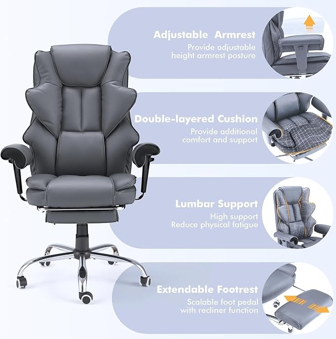 6-Point Massage Executive Chair,Heat Office Chair,Ergonomic Home Office Desk Chairs with Retractable Footrest and Reclining Function,Leather Computer Chair with Adjustable Armrest(‌Grey)