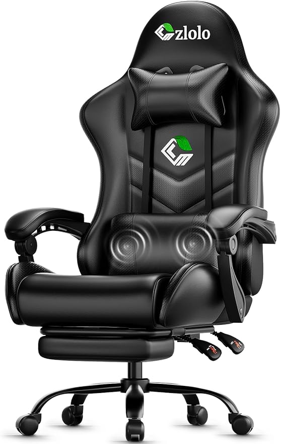 Gaming Chair, Ergonomic Office Computer Chair with Footrest and Lumbar Support Massager Racing Style High Back Video Gamer Chair, Wide＆Thick Cushion, 90°-135° Recline, Adjustable Height, Black