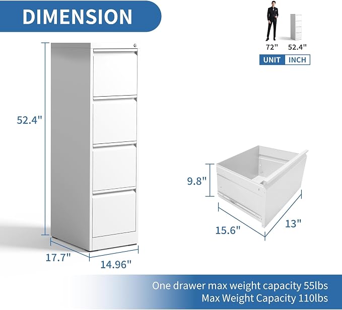 4 Drawer File Cabinet with Lock,Metal File Cabinet for Home Office | White Vertical Filing Cabinets Heavy Duty Office Storage Cabinets for Letter/Legal/A4/F4 Size File, Assembly Required
