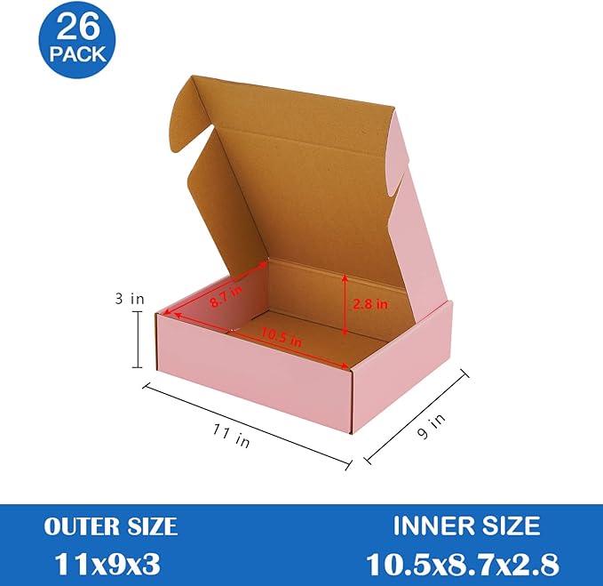 11x9x3 Inch Pink Shipping Boxes Pack of 26, Corrugated Cardboard Mailer Box, Literature Mailer for Small Business (Pink)