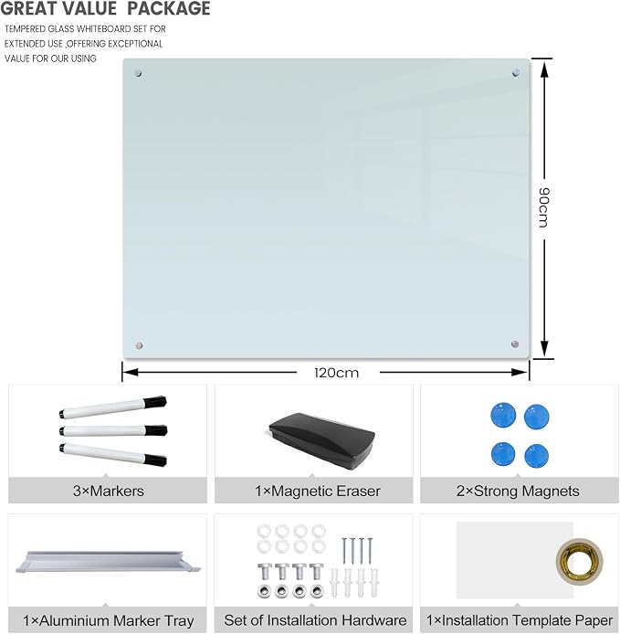 Magnetic Glass Whiteboard with Eraser 48" x 36" Frameless Tempered Glass Dry Erase Board with Marker Tray for Office, Wall Mounted Writing Board (White)