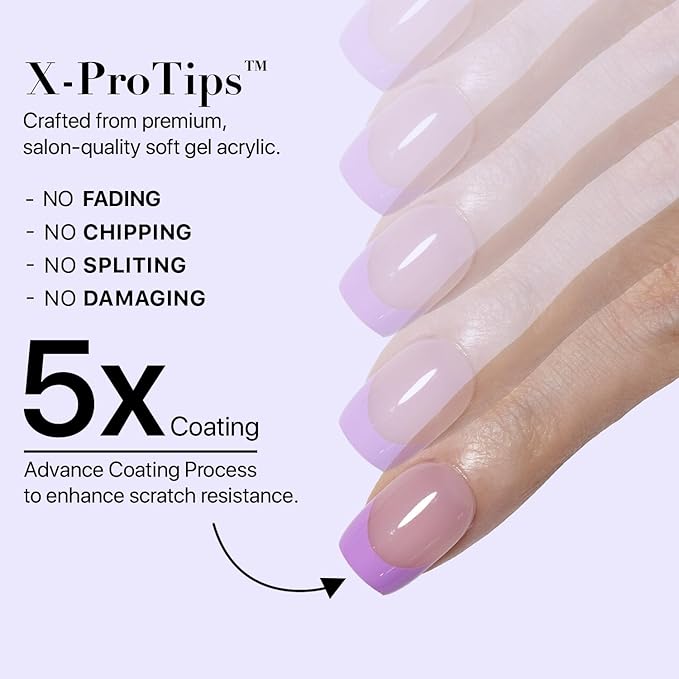 SXC Cosmetics French Tip Press On Nails 150 Pieces in 15 Sizes Ultra Fit with Pre-applied Tip Primer and Base Coat, No Need to File Fake Nails for Nail Art DIY X-Pro Tips (5PURPLE113-XS Square)
