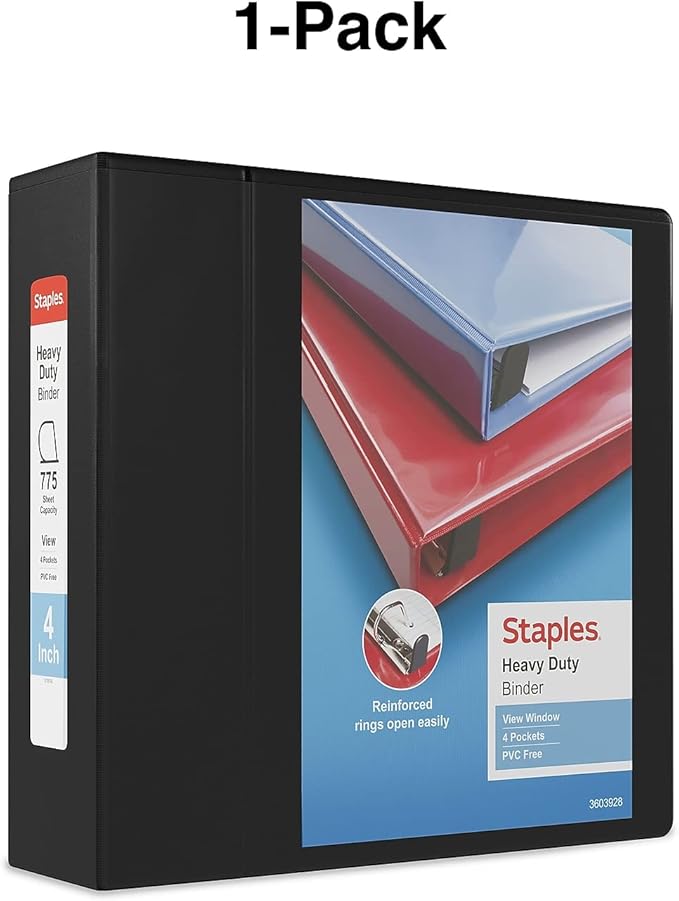 Staples Heavy-Duty 4-Inch D-Ring View Binder, Black – Extra Large Capacity 3-Ring Binder for Office & School