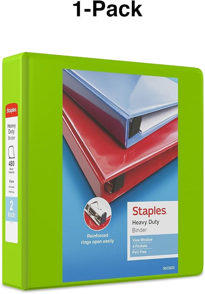 Staples Heavy-Duty 2-Inch D-Ring View Binder, Reinforced Spine, Holds Up to 450 Sheets, Chartreuse, for Office & School