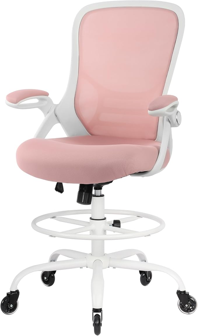 Drafting Chair Tall Office, Ergonomic Standing Desk Stool Adjustable Big and Tall Drafting Office Chair with Flip-Up Armrests, Mesh, Pink