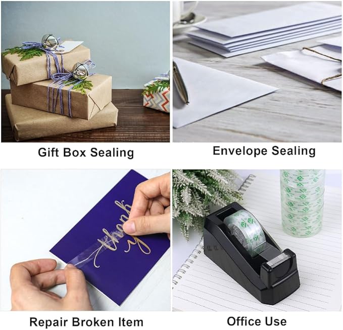 BOMEI PACK Tape Dispensers Desk, 1 Pack Black with 6Rolls Transparent Tape Refills, 1 Inch Core, for Gift Wrapping, School, Office and Home